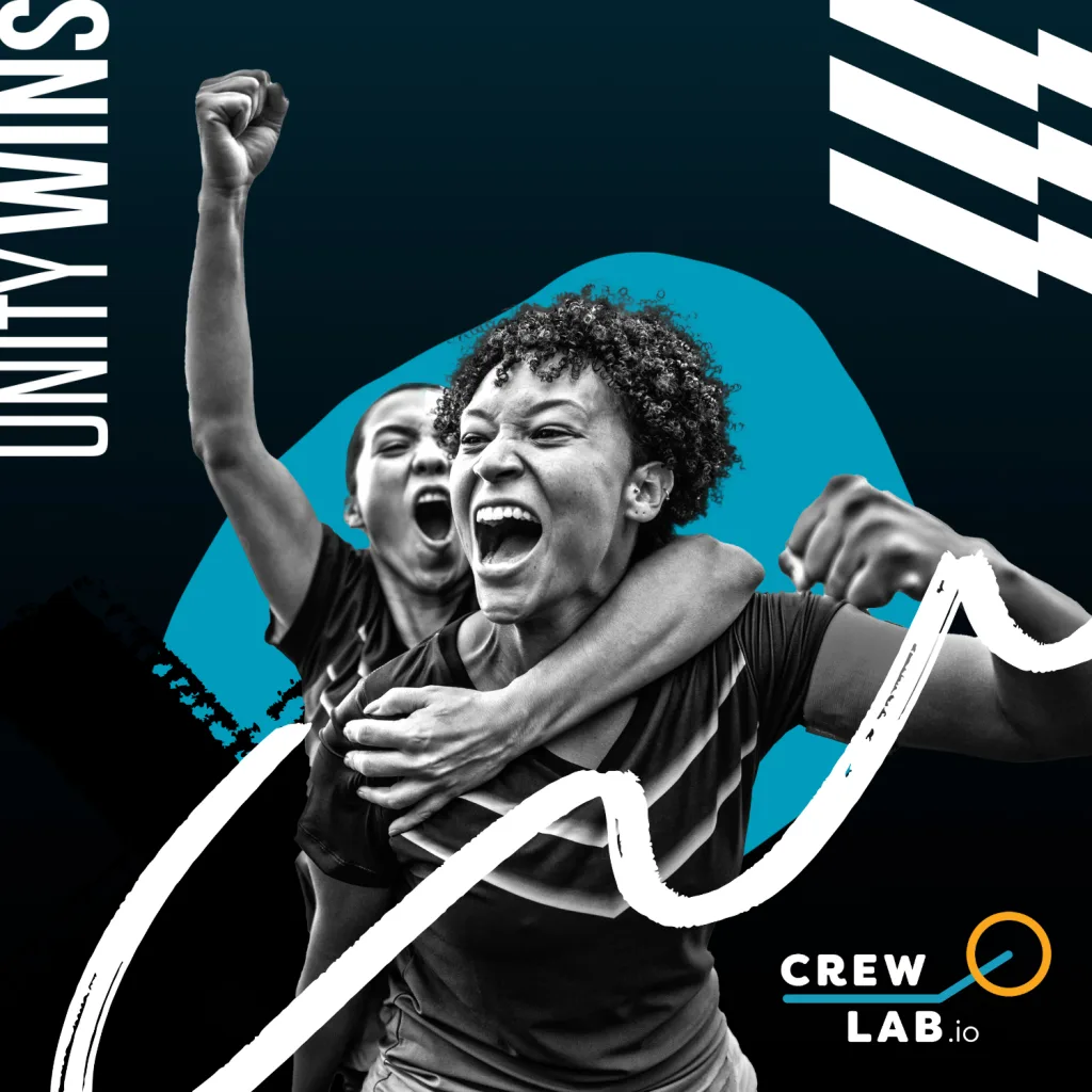 Graphic with two female's celebrating a win. There's a blue blob in the background, some texture and a CrewLAB.io logo in the foreground.